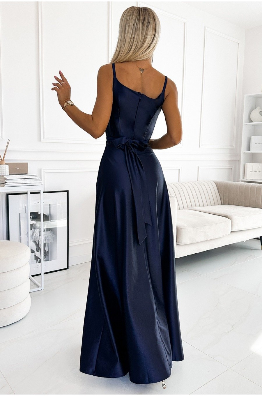 Rochie lunga din satin bleumarin Juliett 2 - dyandra.ro
