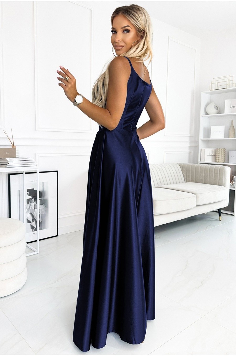 Rochie lunga eleganta din satin bleumarin vaporoasa petrecuta Scarlett 2 - dyandra.ro