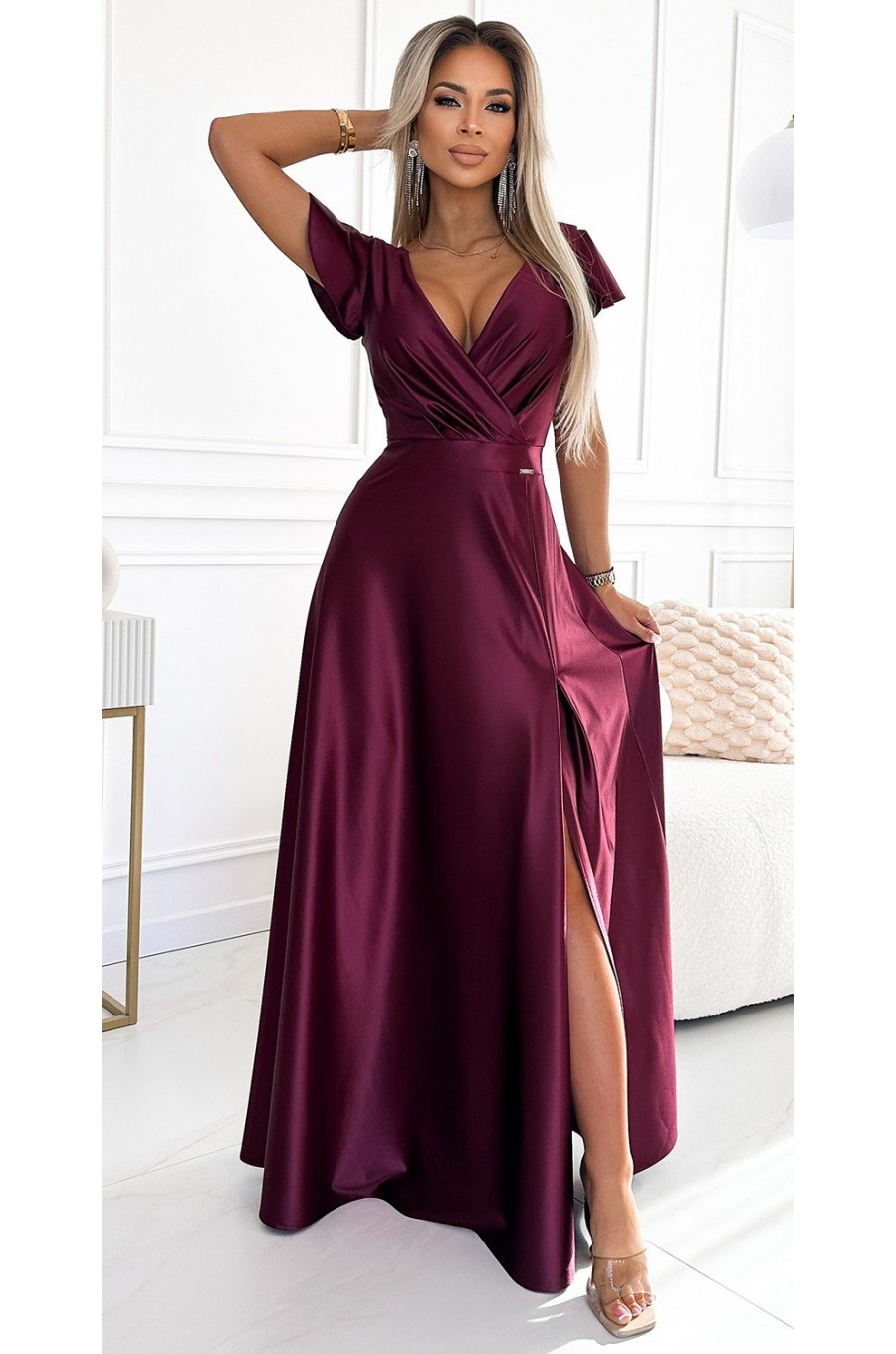 Rochie lunga din satin burgundy Cristaliza 1 - dyandra.ro