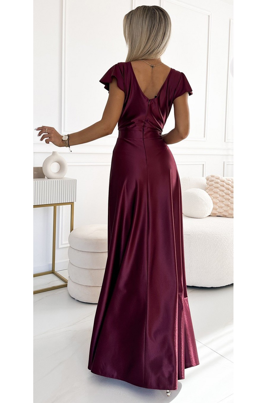 Rochie lunga din satin burgundy Cristaliza 2 - dyandra.ro