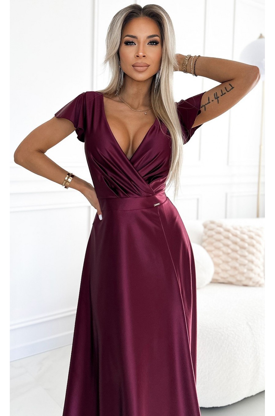 Rochie lunga din satin burgundy Cristaliza 3 - dyandra.ro