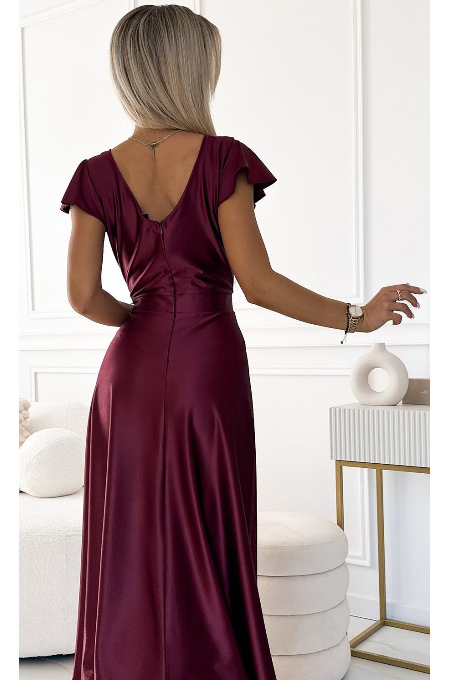 Rochie lunga din satin burgundy Cristaliza 4 - dyandra.ro