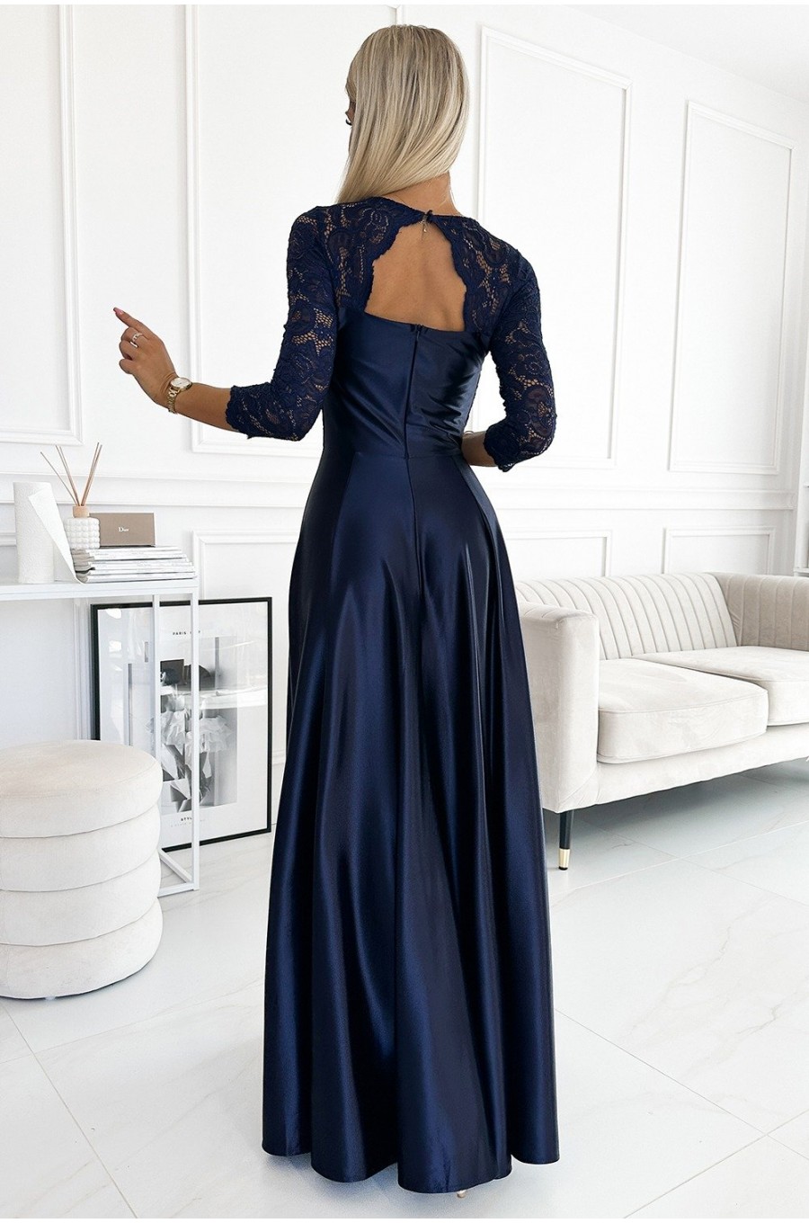 Rochie eleganta lunga din satin si dantela bleumarin cu maneca trei sferturi Allegria 2 - dyandra.ro
