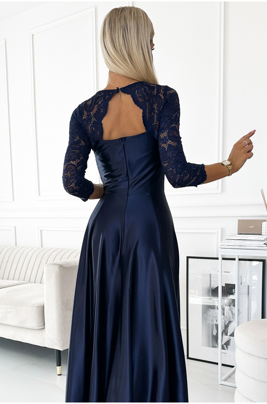 Rochie eleganta lunga din satin si dantela bleumarin cu maneca trei sferturi Allegria 4 - dyandra.ro