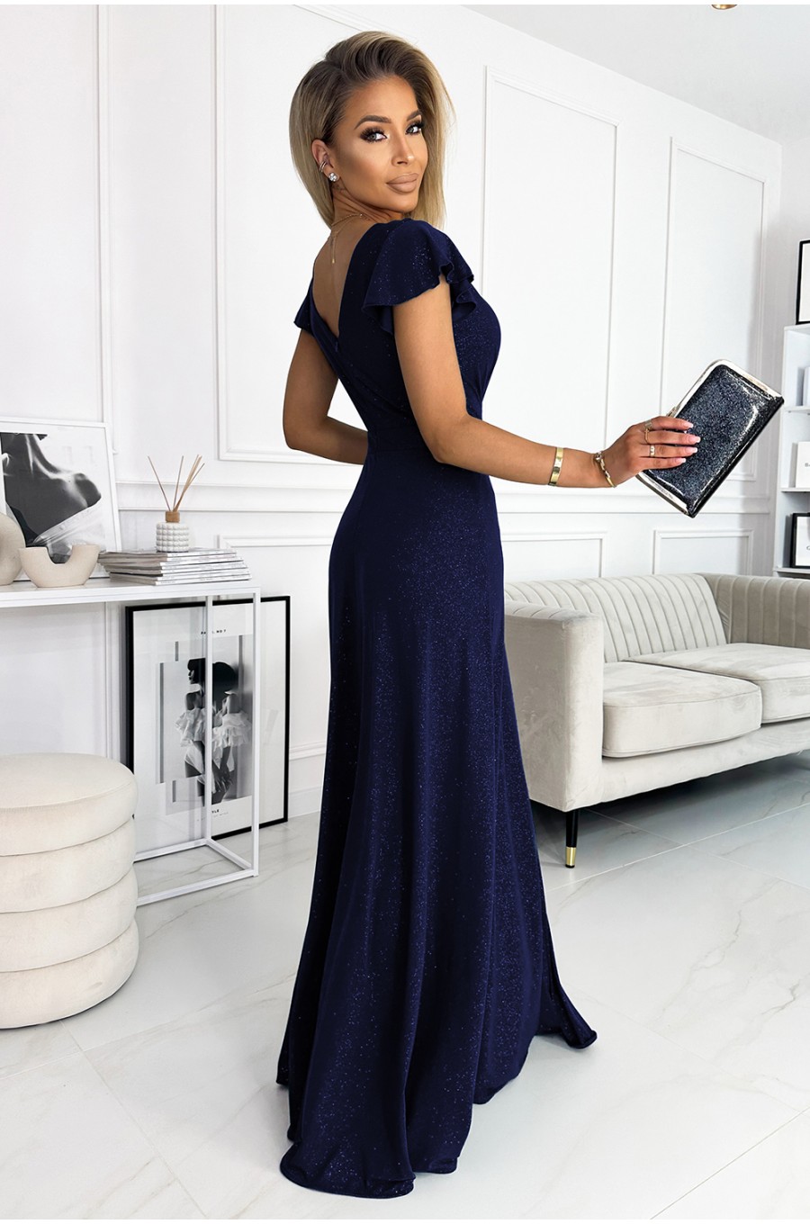 Rochie lunga din glitter bleumarin Cristaliza Rochie lunga din glitter bleumarin Cristaliza 2 - dyandra.ro