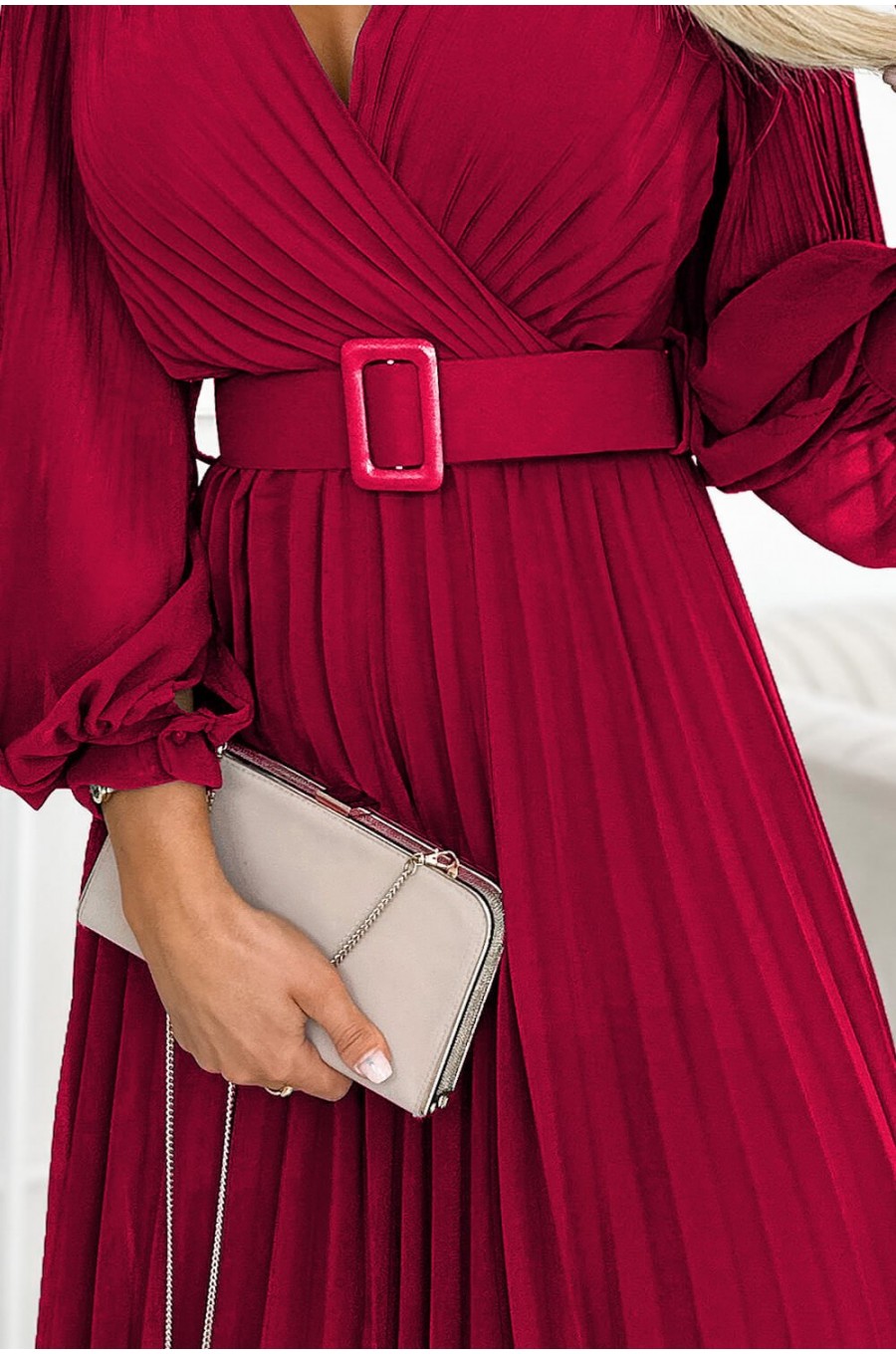 Rochie eleganta plisata lunga, din chiffon burgundy, cu maneca lunga, vaporoasa, Vaneira 3 - dyandra.ro