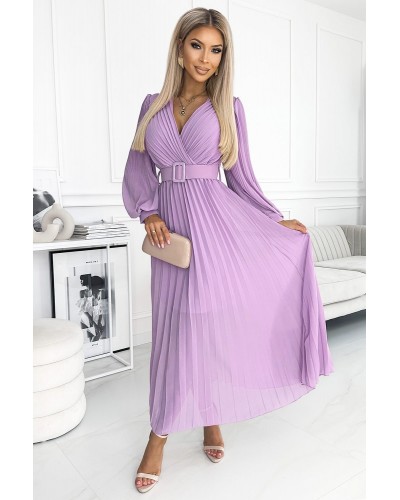 Rochii cununie civila, Rochie lunga plisata din chiffon lila cu maneca lunga vaporoasa Vaneira - dyandra.ro