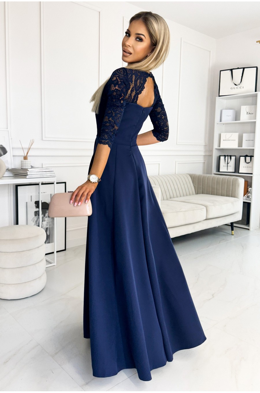 Rochie lunga cu dantela pe bust, bleumarin, cu maneca trei sferturi, Allegria 2 - dyandra.ro