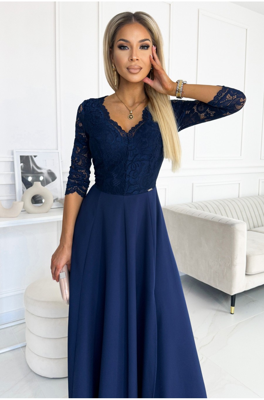 Rochie lunga cu dantela pe bust, bleumarin, cu maneca trei sferturi, Allegria 3 - dyandra.ro