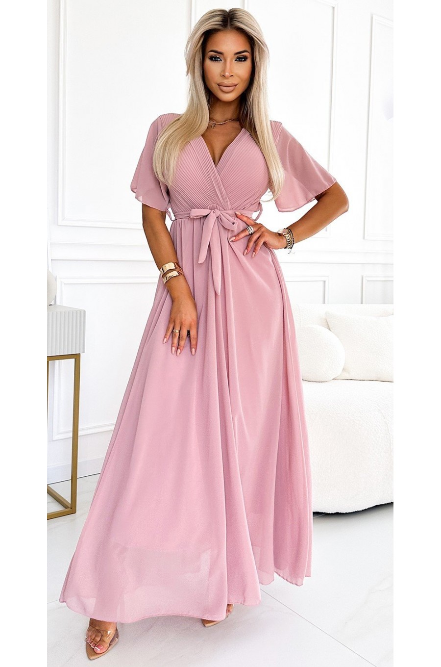 Rochie lunga roz prafuit, cu bustul plisat, vaporoasa, petrecuta, Munisse 1 - dyandra.ro