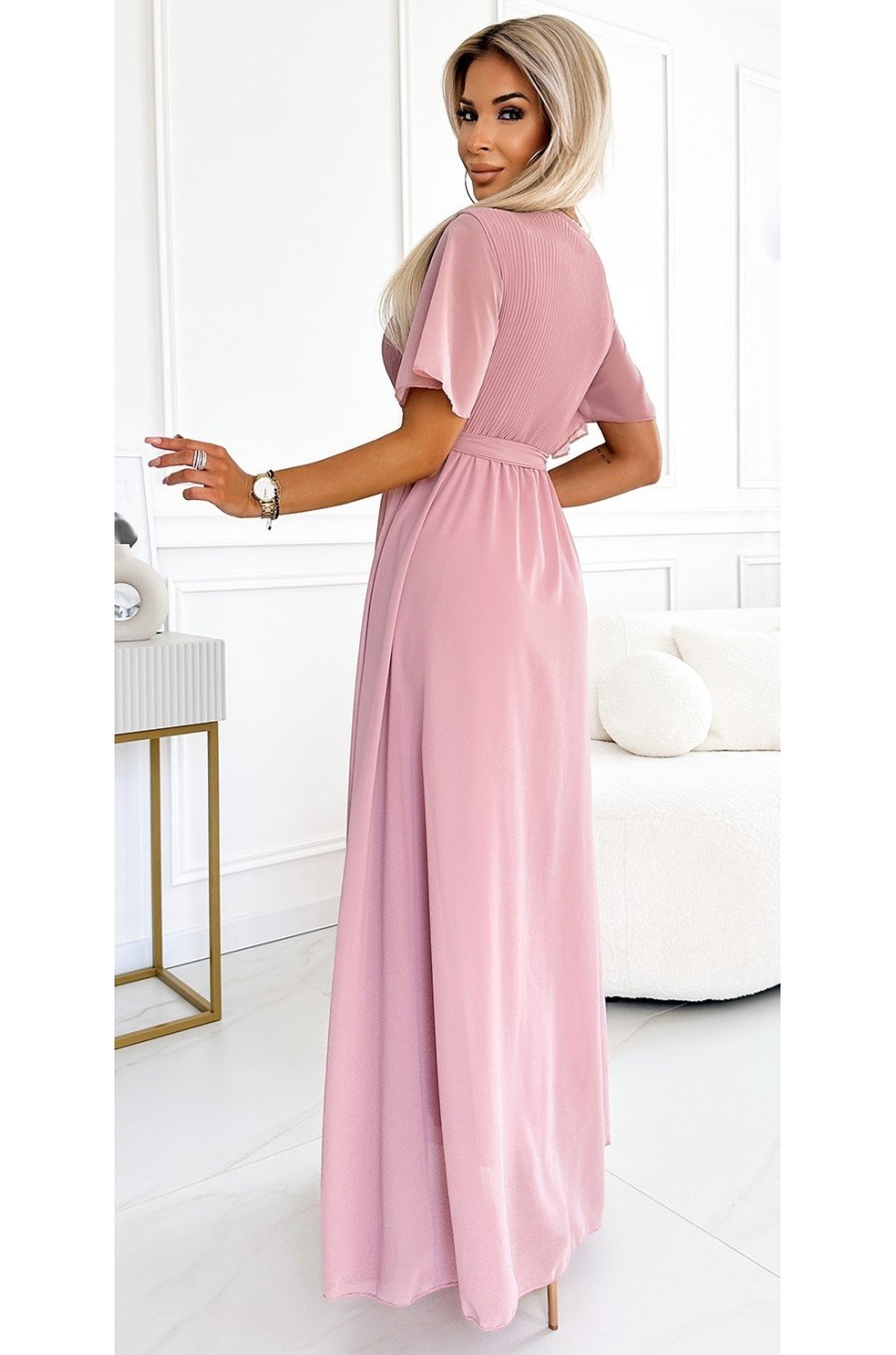 Rochie lunga roz prafuit, cu bustul plisat, vaporoasa, petrecuta, Munisse 2 - dyandra.ro