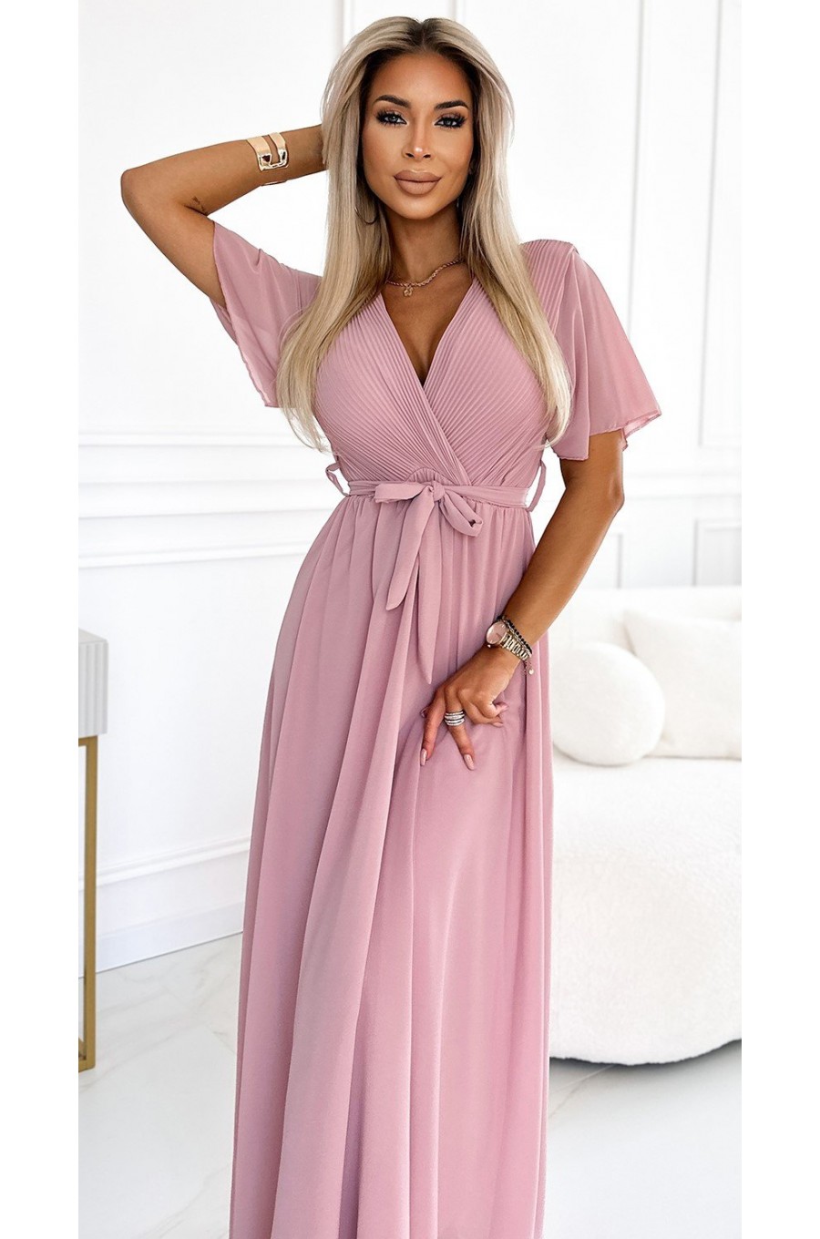 Rochie lunga roz prafuit, cu bustul plisat, vaporoasa, petrecuta, Munisse 3 - dyandra.ro