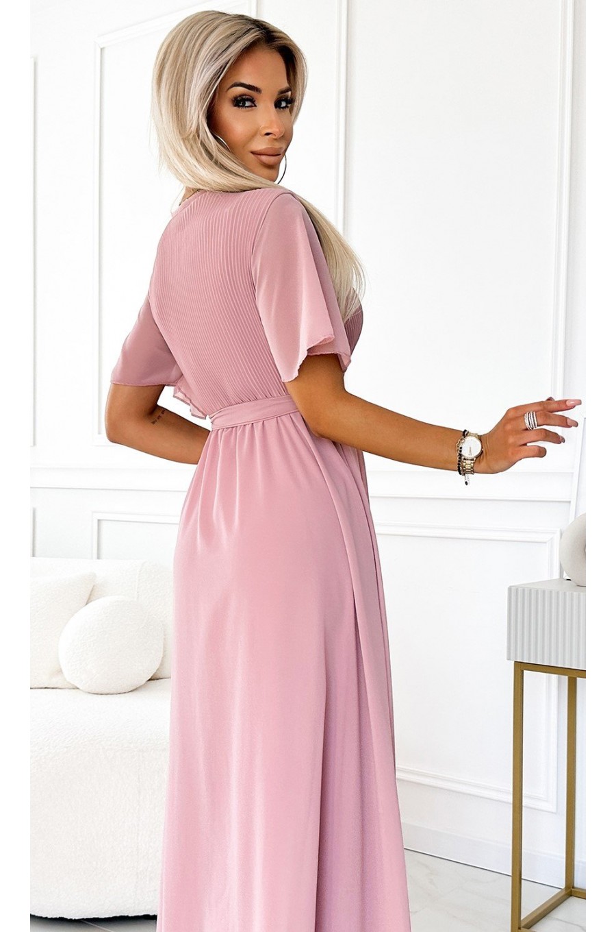 Rochie lunga roz prafuit, cu bustul plisat, vaporoasa, petrecuta, Munisse 4 - dyandra.ro