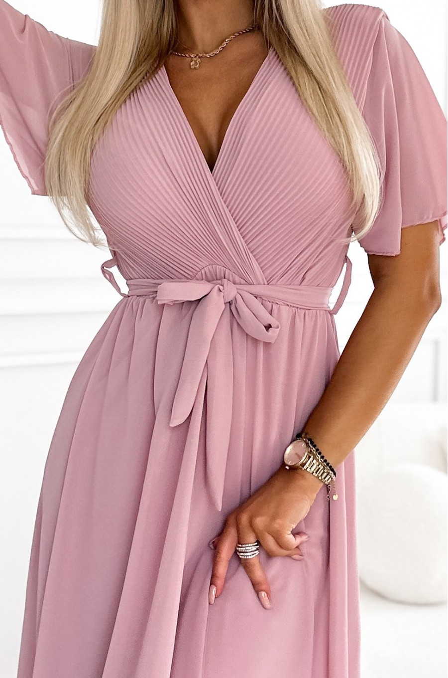 Rochie lunga roz prafuit, cu bustul plisat, vaporoasa, petrecuta, Munisse 5 - dyandra.ro