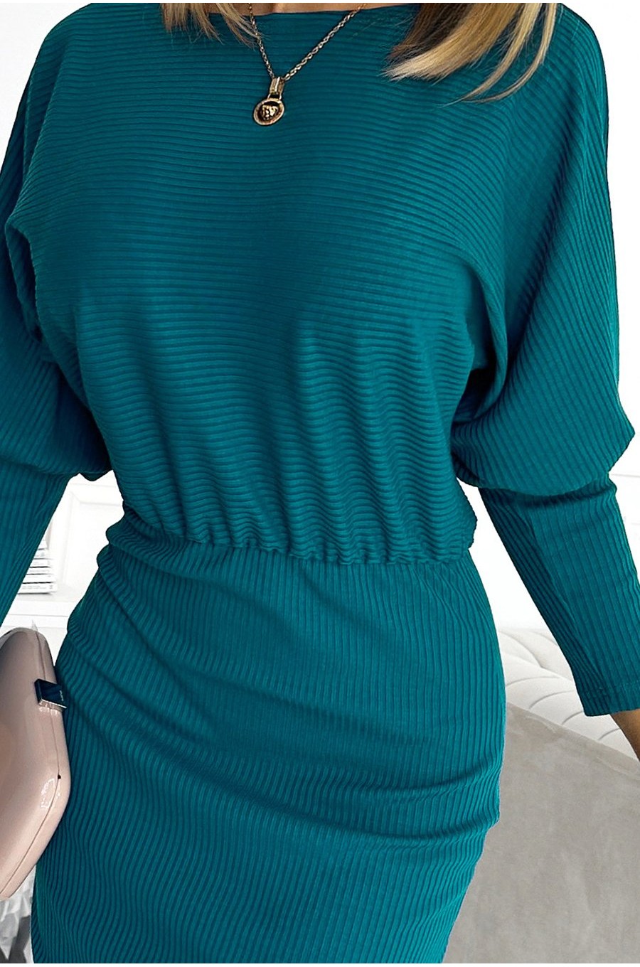 Rochie tricotata midi, din acryl, albastra, mulata, cu maneca lunga, Kamari 5 - dyandra.ro