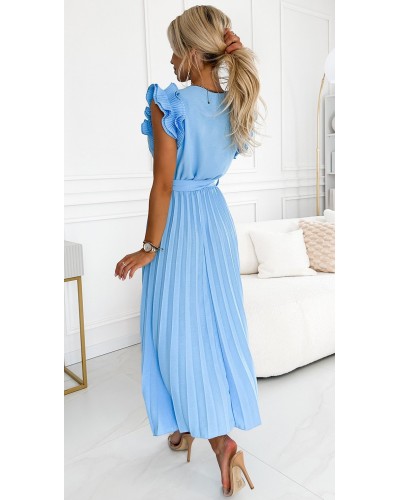 Rochii de vara, Rochie din voal lunga baby blue plisata cu volane vaporoasa Aleyna - dyandra.ro