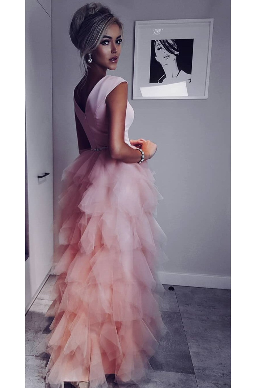 Rochie lunga cu pene din tul roz pal Dana 3 - dyandra.ro