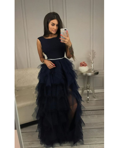 Rochie lunga din tul bleumarin cu pene  Dana - dyandra.ro