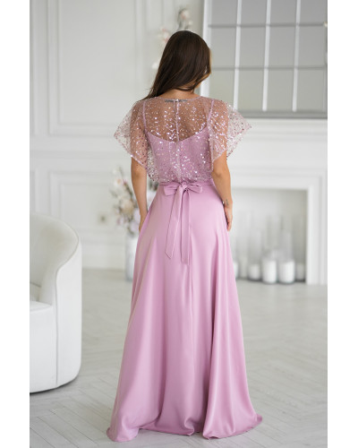 Rochii cununie civila, Rochie eleganta lunga roz pudra cu paiete pe bust vaporoasa Azaliya - dyandra.ro