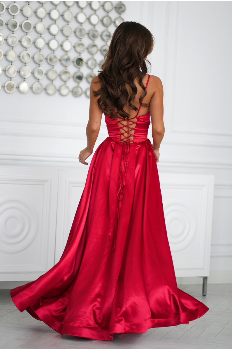 Rochie rosie eleganta lunga din satin cu bust tip corset vaporoasa Saphira Rochie rosie eleganta lunga din satin cu bust tip corset vaporoasa Saphira 2 - dyandra.ro