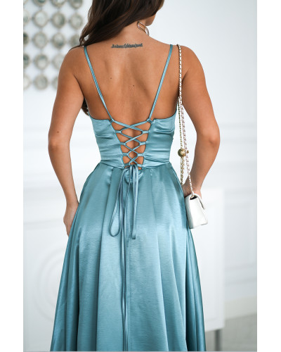 Rochii cununie civila, Rochie eleganta lunga satin menta cu bust tip corset vaporoasa Saphira - dyandra.ro