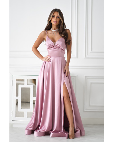 Rochii cununie civila, Rochie eleganta lunga satin roz pudra cu bust tip corset vaporoasa Saphira - dyandra.ro