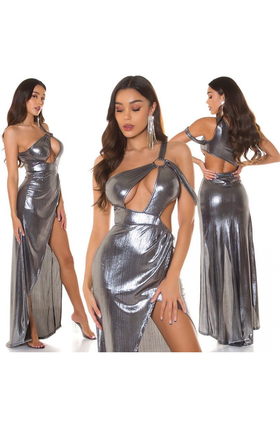 Rochie lunga argintie din glitter cu umerii goi Zaria Rochie lunga argintie din glitter cu umerii goi Zaria 8 - dyandra.ro