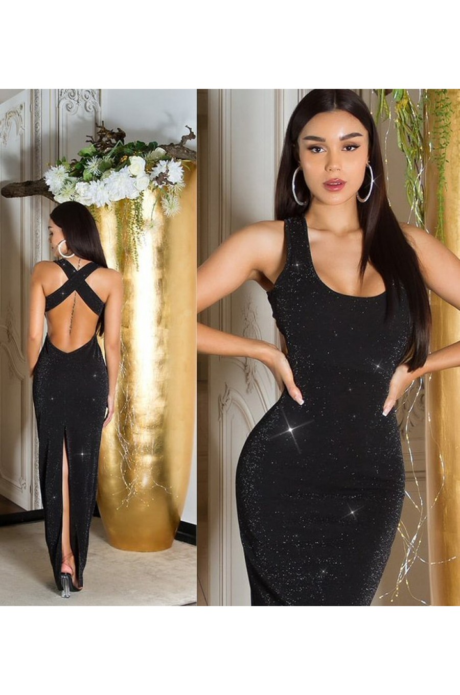 Rochie de seara lunga, glitter, neagra, mulata, cu bretele in X pe spate, Lilou Rochie de seara lunga, glitter, neagra, mulata, cu bretele in X pe spate, Lilou 6 - dyandra.ro