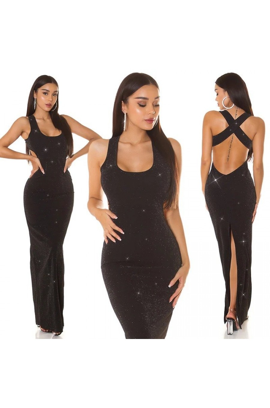 Rochie de seara lunga, glitter, neagra, mulata, cu bretele in X pe spate, Lilou Rochie de seara lunga, glitter, neagra, mulata, cu bretele in X pe spate, Lilou 7 - dyandra.ro