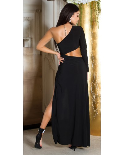 Rochie lunga neagra mulata cu maneca lunga si umerii goi Kleopatra - dyandra.ro