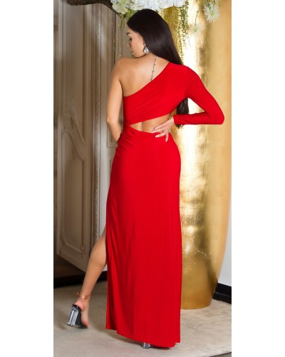 Rochie lunga rosie mulata cu maneca lunga si umerii goi Kleopatra - dyandra.ro