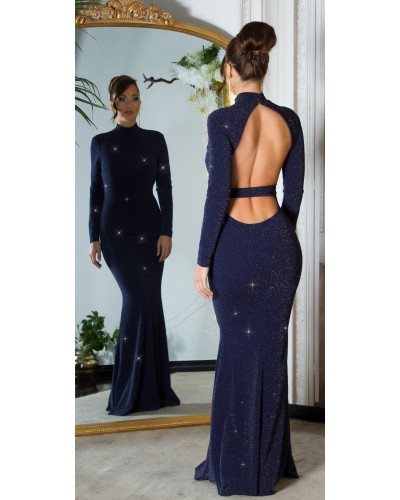 Rochie lunga, din lurex, bleumarin, mulata, cu maneca lunga, Zerrin  - dyandra.ro