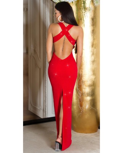 Rochie lunga, glitter, rosie, mulata, cu bretele in X pe spate, Lilou - dyandra.ro