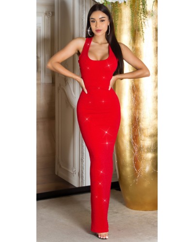 Rochie lunga, glitter, rosie, mulata, cu bretele in X pe spate, Lilou - dyandra.ro