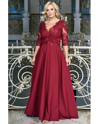Rochie lunga eleganta in marimi mari din dantela si broderie cu paiete burgundy Alizaa - dyandra.ro