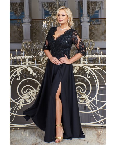 Rochie de seara eleganta in marimi mari lunga, dantela, neagra Alizaa - dyandra.ro