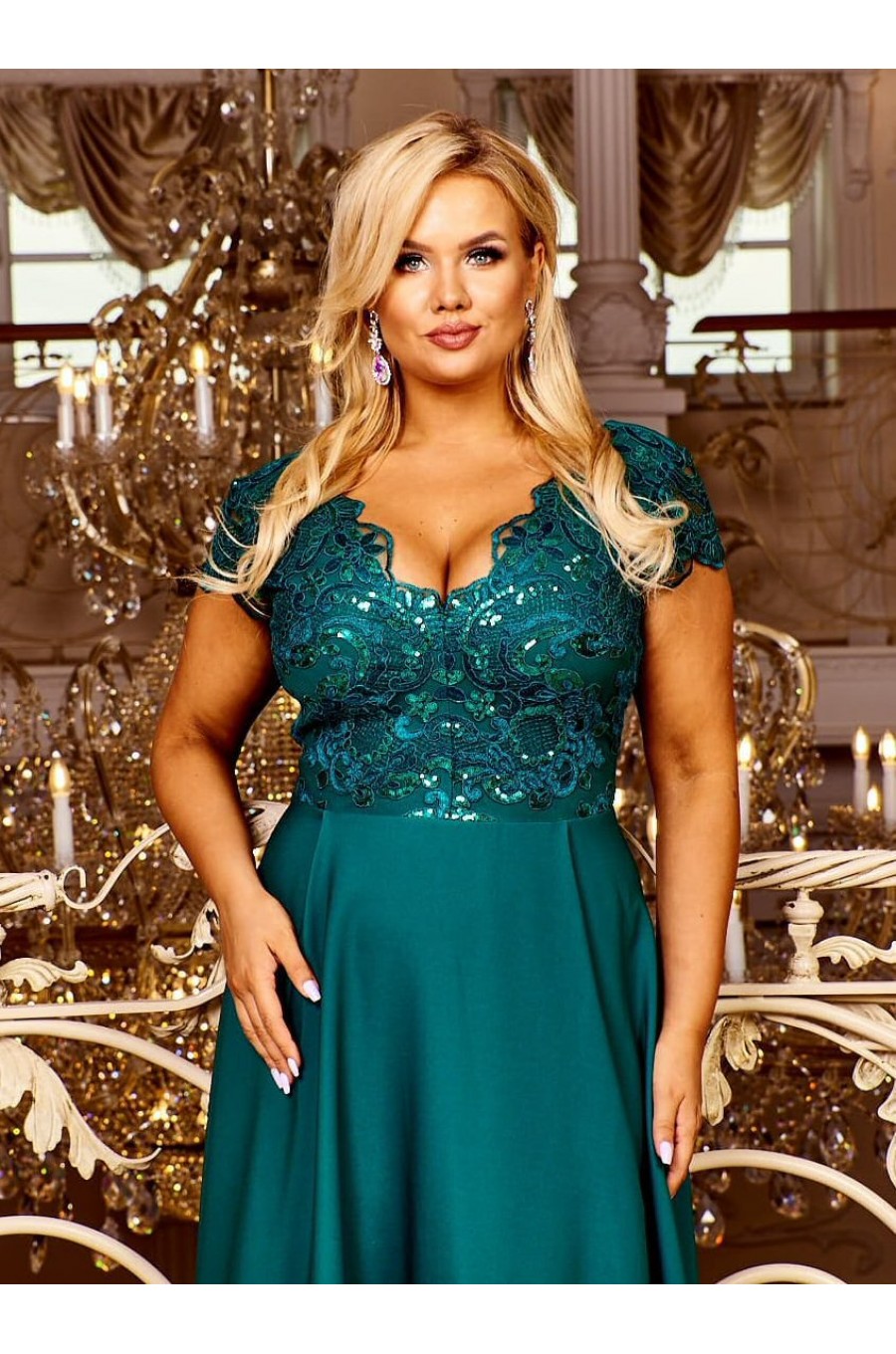 Rochie marime mare eleganta lunga verde dantela si broderie Arianza 2 - dyandra.ro