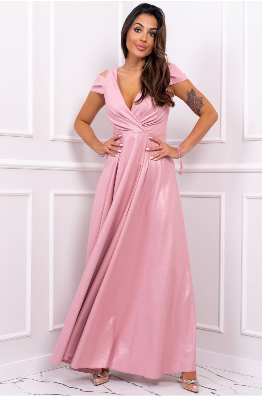 Rochie lunga roz pastel cu umerii goi din brocard Gala Rochie lunga roz pastel cu umerii goi din brocard Gala 2 - dyandra.ro