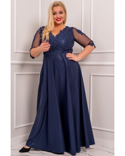 Rochie lunga eleganta in marimi mari din dantela si brocard bleumarin Adalyze - dyandra.ro