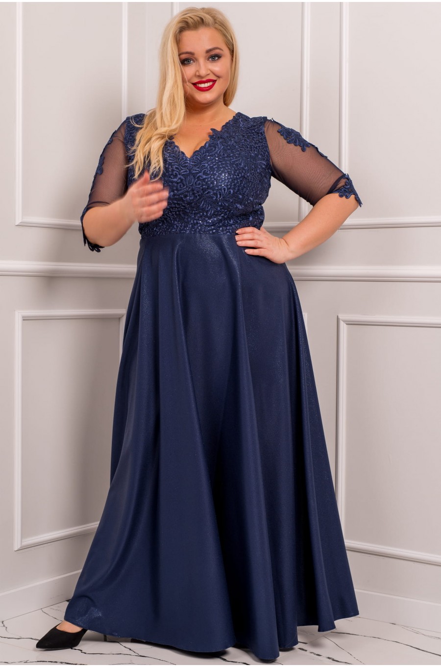 Rochie lunga eleganta in marimi mari din dantela si brocard bleumarin Adalyze 2 - dyandra.ro