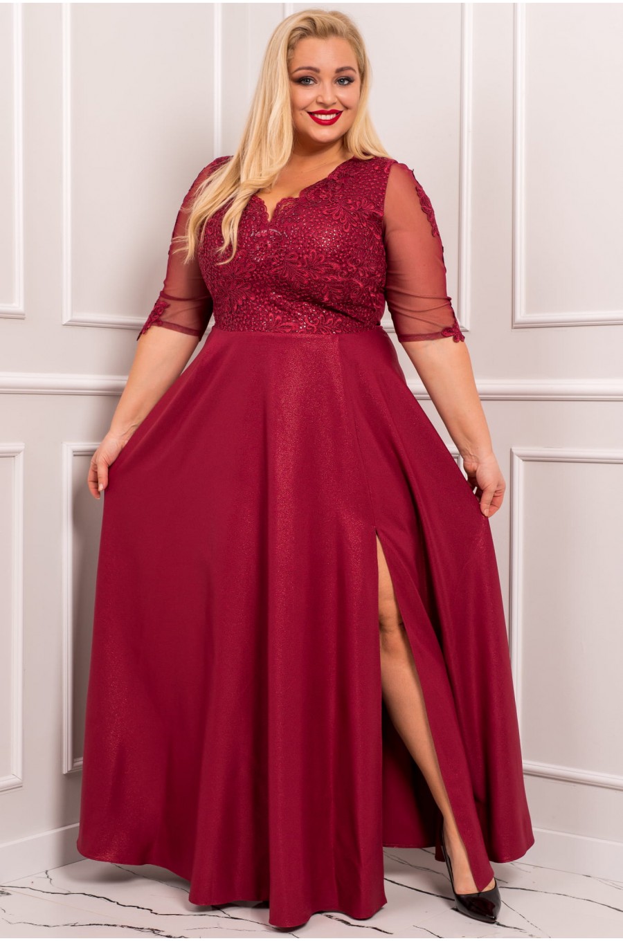 Rochie lunga XXL din dantela si brocard burgundy Adalyze 1 - dyandra.ro