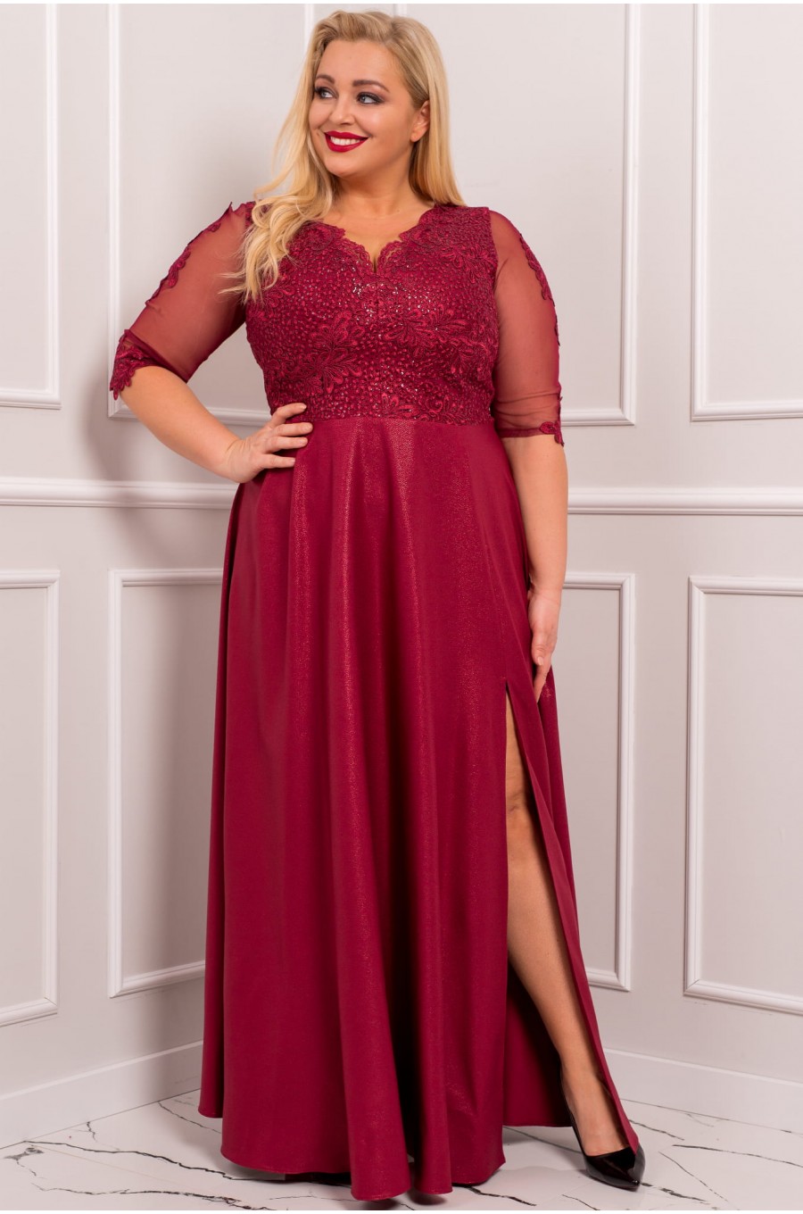 Rochie lunga XXL din dantela si brocard burgundy Adalyze 2 - dyandra.ro
