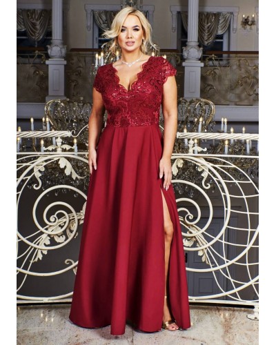 Rochie lunga eleganta XXL din dantela si paiete burgundy Arianza - dyandra.ro