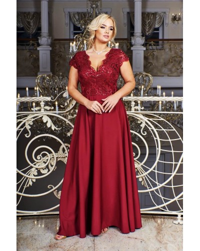 Rochie lunga eleganta XXL din dantela si paiete burgundy Arianza - dyandra.ro