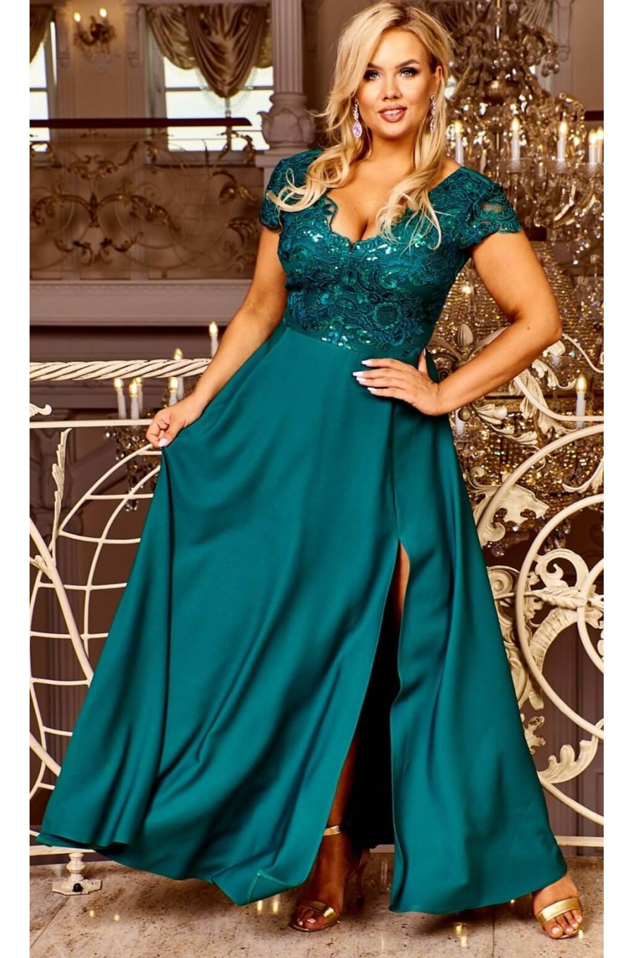 Rochie marime mare eleganta lunga verde dantela si broderie Arianza 3 - dyandra.ro