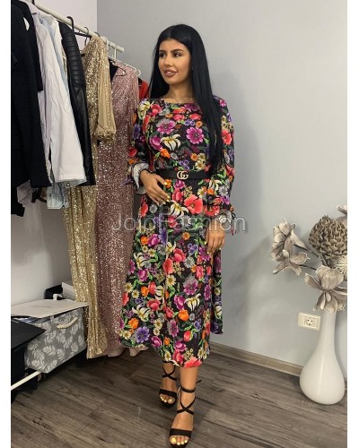 Rochie midi multicolora cu maneca lunga Claudia - dyandra.ro