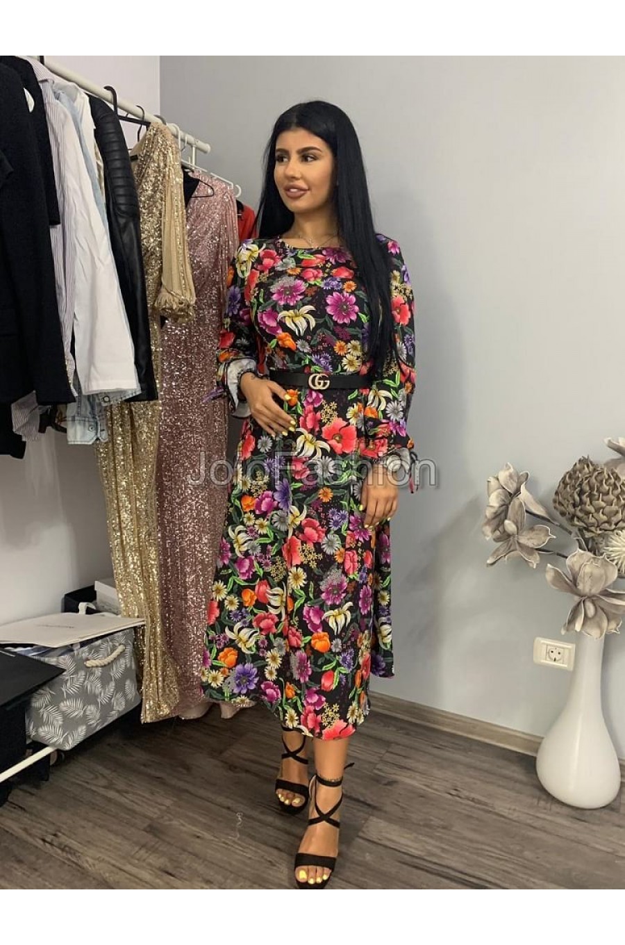 Rochie midi multicolora cu maneca lunga Claudia 1 - dyandra.ro