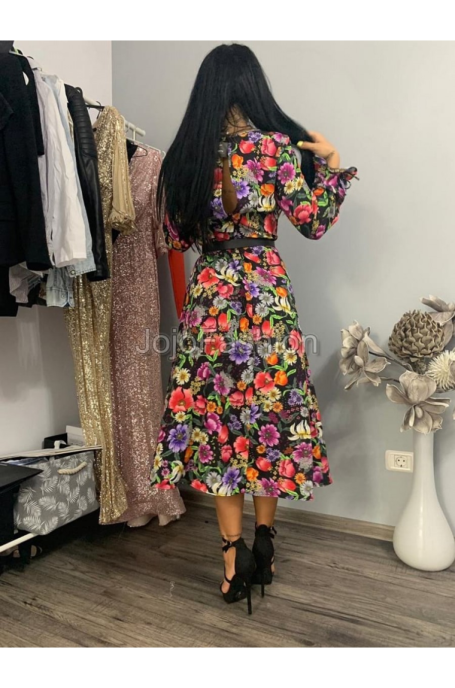 Rochie midi multicolora cu maneca lunga Claudia 3 - dyandra.ro