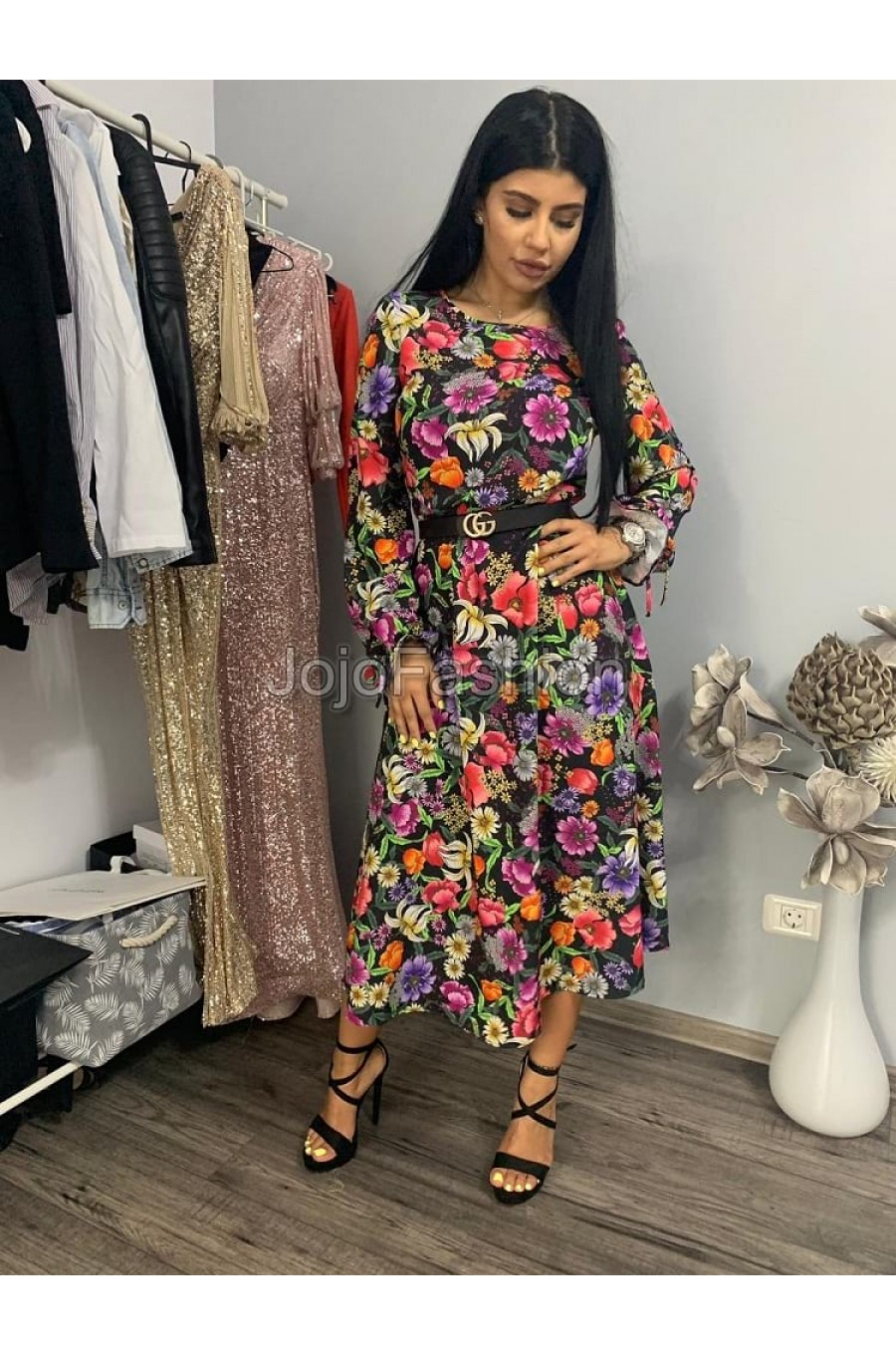 Rochie midi multicolora cu maneca lunga Claudia 2 - dyandra.ro