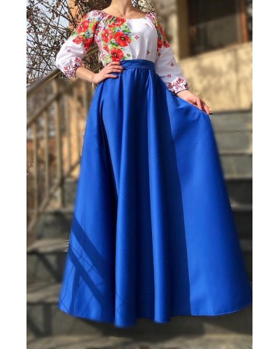 Rochie traditionala lunga din tafta albastra cu maci rosii Anna Rochie traditionala lunga din tafta albastra cu maci rosii Anna - dyandra.ro